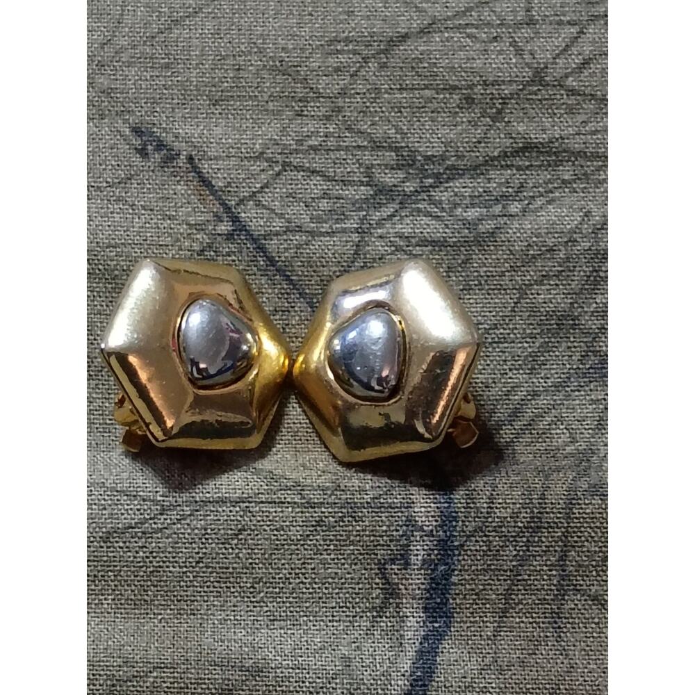 two-tone geometric clip-on earrings gold-tone hexagon silver-tone puff heart
